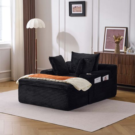 Canapé-lit en velours côtelé avec fonction couchage – Canapé relax modulaire pour salon, petit canapé moderne multifonction avec porte-gobelets et coussins