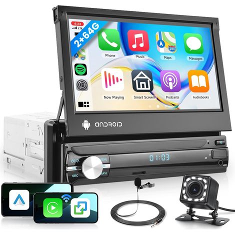 Autoradio 2GB+64GB 1 Din avec Navigation GPS, WiFi, Bluetooth, Radio FM RDS, Autoradio Ecran Tactile 7 Pouces 1 Din Rétractable avce Wireless Carplay et Android Auto, EQ USB/AUX+Caméra (1/5)