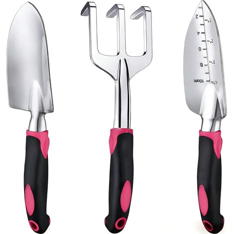 Bardusch-Ensemble d'outils de jardinage, 3 outils à main avec poignées en caoutchouc souple et antidérapantes, parfaits pour creuser et planter. (1/5)