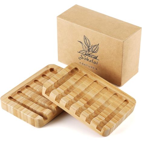 Juego de 2 jaboneras de bambú con forma de cascada y autodrenantes para ducha y cocina. (1/5)