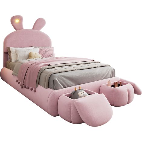 Lit capitonné 90x200 cm à oreilles de lapin, velours rose avec LED à intensité réglable, deux poufs de rangement, sommier à lattes bois, chambre enfant  CHICFURN (1/5)