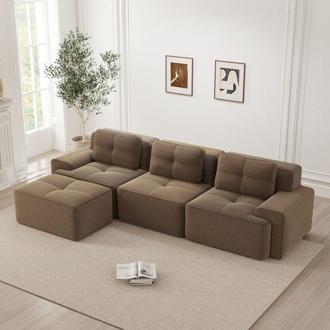 REDOM - Sofá esquinero 3 plazas, confort tipo nube, asiento profundo, tejido corduroy marrón (1/5)