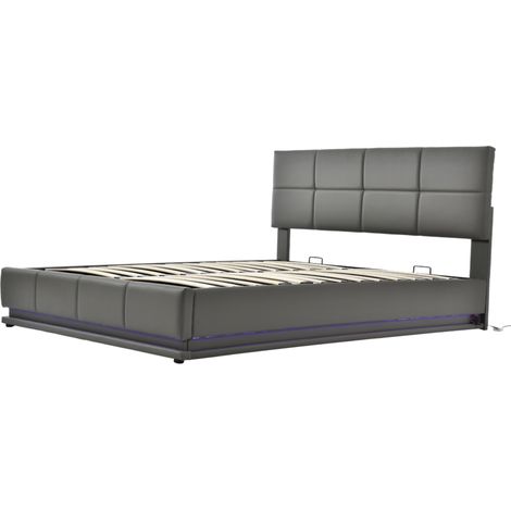 Lit rembourré 160 x 200 cm avec LED, sommier à lattes en métal et coffre de lit, lit double avec tête de lit rembourrée réglable en hauteur et rangement hydraulique, gris (sans matelas) (1/5)