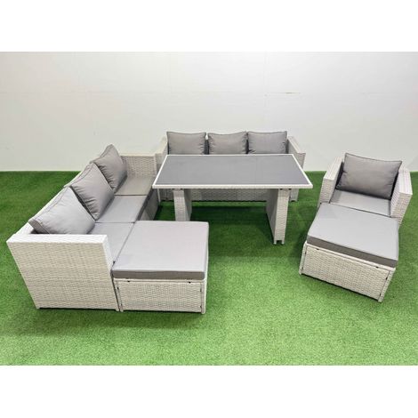 Fimous Patio Garden Furniture Sets with Black Glass Top Dining Table 3 Seater Sofa Armchair 2 Big Stool Light Grey (1/5)
