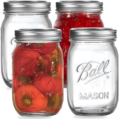 12 tarros Mason de boca ancha de 490 ml (16 oz), tarros Mason de vidrio impresos a prueba de fugas con tapa y banda herméticas para almacenar mermelada, miel, jaleas, salsas, ensaladas y yogur. (1/5)