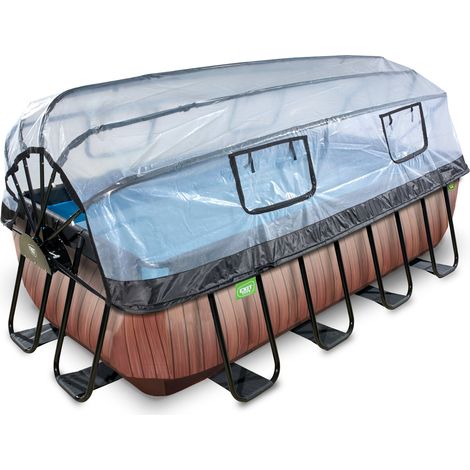 Piscine EXIT Wood 400x200x100cm avec pompe filtrante à sable et dôme et pompe à chaleur - marron
