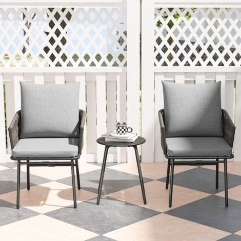 Ensemble de bistrot en rotin 3 pièces, salon de jardin comprenant 2 fauteuils de jardin, une table basse, des coussins amovibles, ensemble de mobilier de balcon pour jardin ou terrasse, acier, gris (1/5)