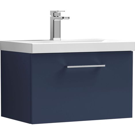 Balterley Contemporary Bathroom Wall Hung 1 Soft-Close Drawer Vanity Unit & Mid-Edge Ceramic Basin, Midnight Blue, 600 mm