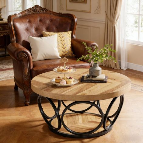 Table basse ronde 80 x 80 x 42,5 cm marron, 2 niveaux de rangement, métal et bois MEUBLIV (1/5)