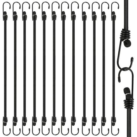 12 pezzi di corde elastiche con ganci da 30 cm, gancio per corda elastica da 8 mm, corda elastica espandibile nera per portapacchi, teloni da campeggio. (1/5)
