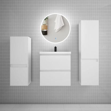 Ensemble meuble vasque L.50cm 2 tiroirs + lavabo + LED miroir rond 60cm + 2colonne,blanc (1/5)