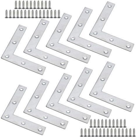 Lot de 10 Équerre à Angle Plat 80 x 80 x 1,5mm en Acier Inoxydable Plus Épaise Équerres Plates en Forme de L pour Fixation des Meubles à Bois tels que Table et Fenêtre et Étagère avec Vis