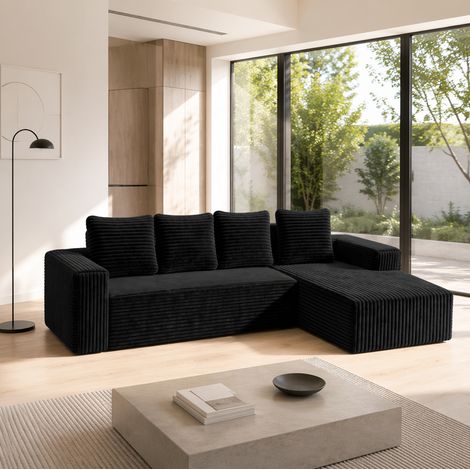 Canapé d’angle modulable en L avec chaise réversible, sans montage, velours côtelé noir (1/5)