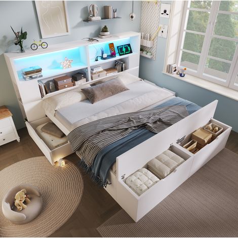 lit double rangement LED USB 140x200 bois avec banc OKMYHOME (1/5)
