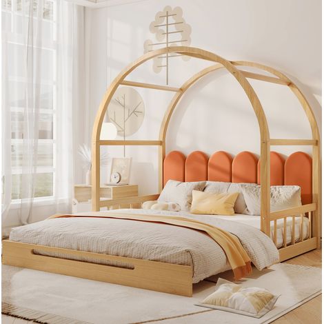 Cama extensible de madera maciza y MDF natural y naranja 140x200 cm con estructura de techo y protección lateral (1/5)
