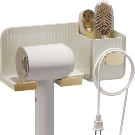 Support mural pour sèche-cheveux en plastique doré, sans perçage, pour salle de bain. (1/5)