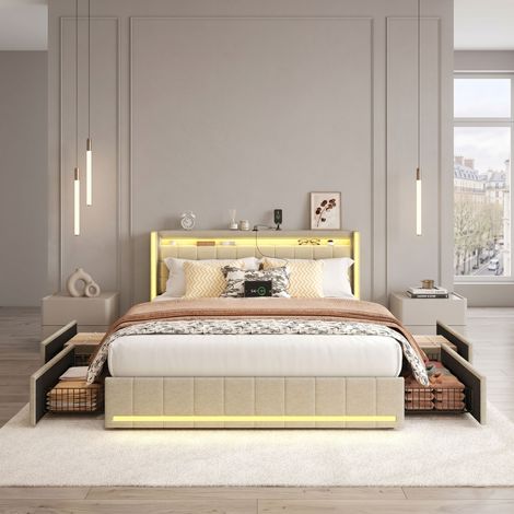 Comanlai - Lit coffre 160x200 cm, Lit double avec USB et Type-C, Lumière LED, Lit capitonné avec 4 tiroirs, Lit Adulte, Lin, (160x200 cm, Beige) (1/5)