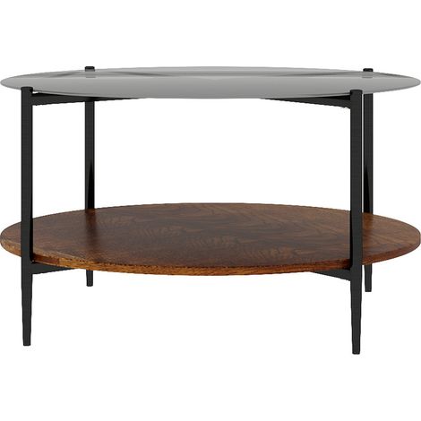 Table basse ronde avec plateau en verre noir fumé et étagère en bois naturel, diamètre 82 cm (1/5)
