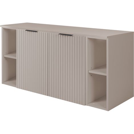 Furnidea - Meuble sous vasque à 2 portes FLOW CACHEMIRE 120 cm avec 2 x l'étagères - extensions et plan - 2 tiroirs - façades rainurées (1/5)