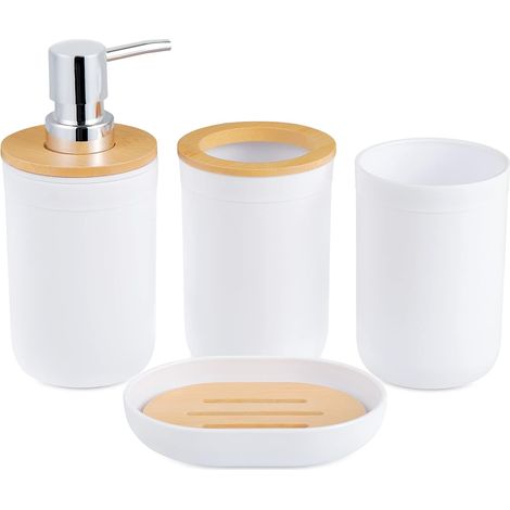 Set di accessori da bagno, set di accessori da bagno in bambù da 4 pezzi con portaspazzolino, bicchiere per collutorio, flacone di lozione e portasapone (1/5)