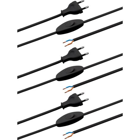 Meister Euro-Zuleitung mit Schalter - 2 Meter - schwarz - 3 Stück im praktischen Set - Kunststoffleitung H03VVH2-F2X0,75 - 2 Adern - IP20 / Anschlussleitung mit Euro-Stecker / Anschlusskabel / 7442570