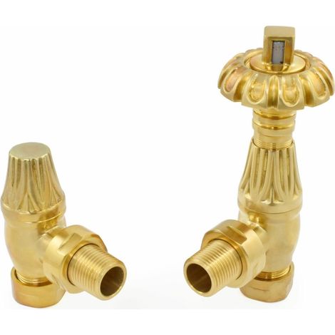 West Poppy TRV Angled Thermostatic Radiator Valve and Lockshield - Un-Lacquered Brass (1/5)