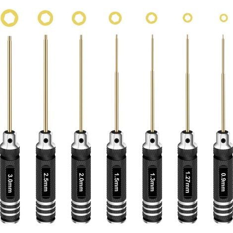 Jeu de tournevis hexagonaux, kit de clés Allen 7 pièces0,9 mm/1,27 mm/1,3 mm/1,5 mm/2,0 mm/2,5 mm/3,0 mmKit d'outils de réparation pour voiture RC, drone et hélicoptère multirotor (1/5)