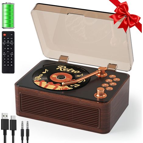 Retro Portable Bluetooth CD Player with Speakers Walnut CD Player with Battery 1800 mAh Radio Remote Control, Supports USB/AUX Playback, Headphone Jack (1/5)