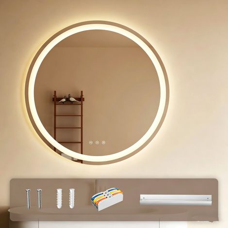 Miroir de salle de bain circulaire à éclairage LED, miroir dimmable de 50 cm de large, miroir épais anti-buée (1/5)