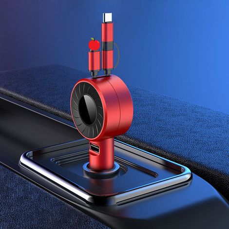 Chargeur Voiture USB 3-en-1 Design Rétractable 150CM Long Matériau Plastique Portable Allume-Cigare Automobile Rouge (1/5)