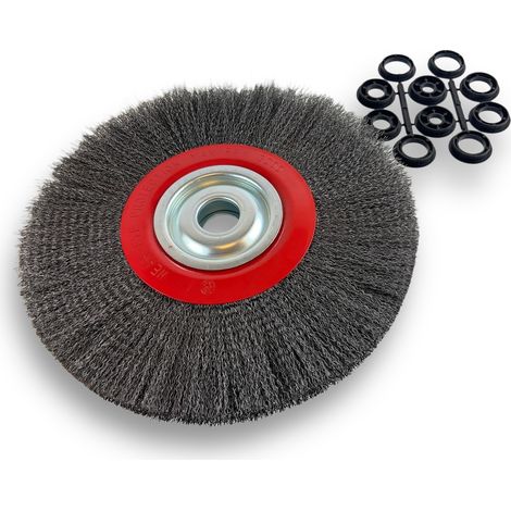 Brosse circulaire ACIER  Ø 300 mm  Epaisseur 2 rangs  Fil dur 0.30 mm ondulé  Alésage 32 mm + réducteur bague 25/22/20/16/12 mm  Touret meuleuse affûteuse ponceuse  Kibros 231302AT (1/5)