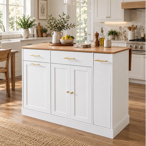 Isola da cucina 120 cm bianca in truciolare con piano ribaltabile salvaspazio - CHICFURN (1/5)