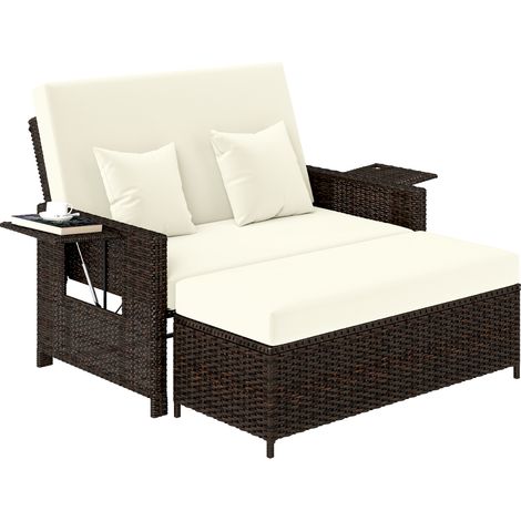 Canapé de jardin convertible avec fonction lit, repose-pieds extensible, coffre de rangement et coussins, mobilier extérieur marron crème 130x72x96 cm (1/5)