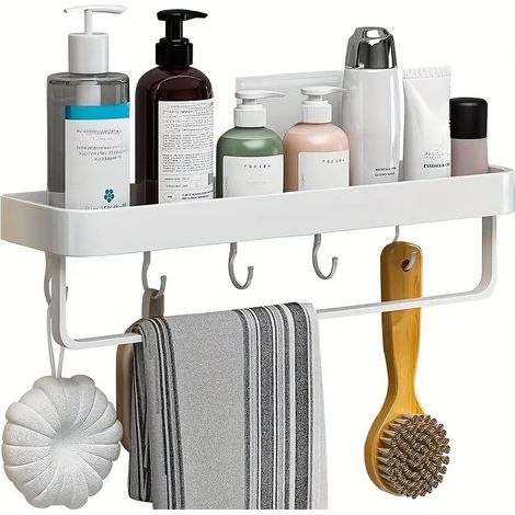 Aluminum Bathroom Shelf No Punching Wall Mounted Bathroom Storage and Finishing Rack Multifunctional Towel Rack(41cm White)