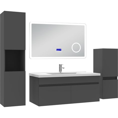 Ocean Ensemble meuble salle de bain 100 cm anthracite, lavabo céramique + 2 colonnes + Miroir Bluetooth avec 3 couleurs dimmable, suspendu (1/5)