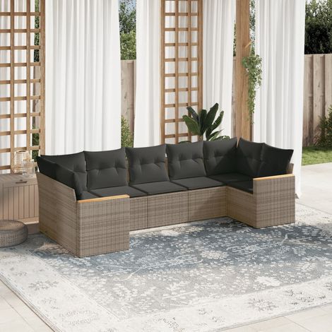 Ensemble salon jardin 6 places résine tressée gris avec coussins lavables, sièges angle et canapés modulaires (1/5)