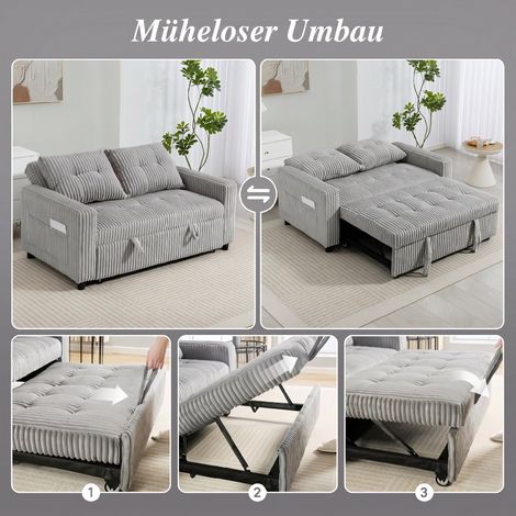 Canapé convertible 2 places, revêtement en velours côtelé, transformable en canapé-lit, 2 coussins, poches latérales, 157 x 190 cm, gris clair (1/5)