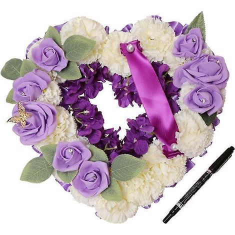 Couronne funéraire en forme de cœur, guirlande de fleurs artificielles soyeuses avec ruban, décoration pour cercueil, tombe, salle, hommage mémorial papillon.
