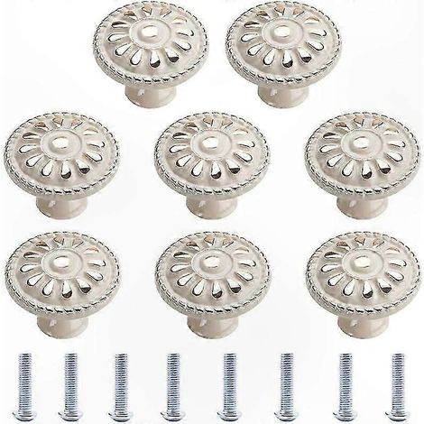 Lot de 8 boutons de meuble ronds avec poignées de tiroir blanches de style vintage, adaptés aux meubles de cuisine. (1/5)