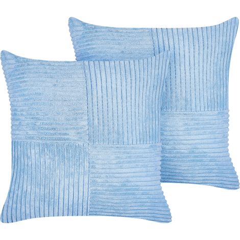 Conjunto de 2 cojines de pana azul 43 x 43 cm patrón a rayas moderno Millet (1/5)