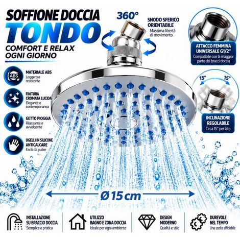 Soffione Doccia Tondo Ø15cm Cromato in ABS Getto Pioggia G1/2" 360° Anticalcare (1/5)