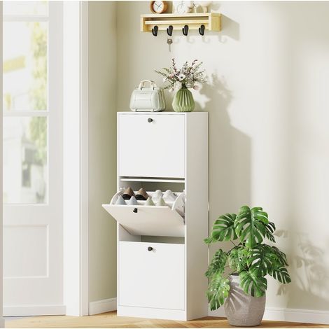 Meuble à chaussures 47x26x120 cm en panneaux de bois blanc, gain de place pour entrée FloraGrace (1/5)