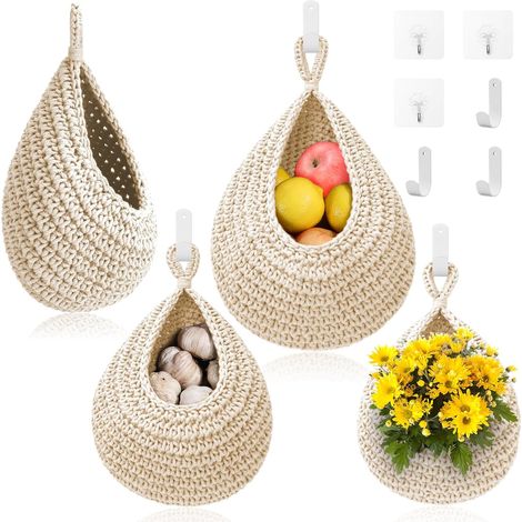 Lot de 3 Paniers Suspendus Tissés Blancs, Support Mural Bohème avec 6 Crochets pour Pommes de Terre (1/5)