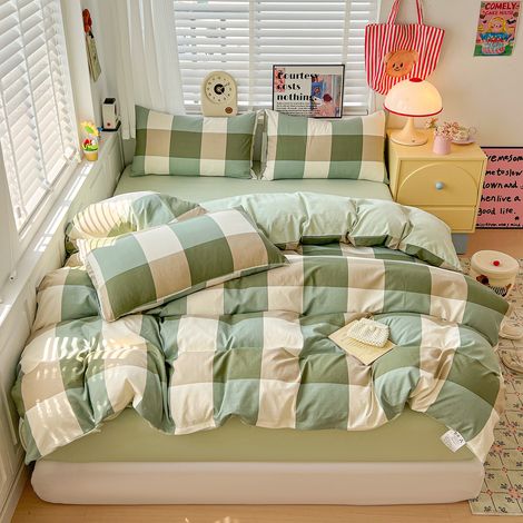 4-teiliges Bettwäsche-Set aus ultra-weicher Waschk Baumwolle – Qualität Maternité Klasse A – Bettbezug, Spannbettlaken und Bettlaken für Bett 180x200 cm (Bettdecke 180x220 cm) – Karomuster – Ideal für