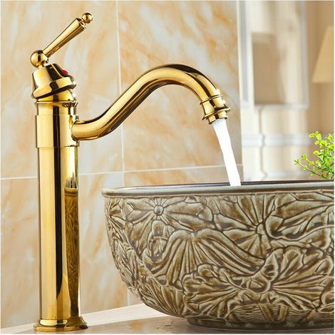 Mitigeur de lavabo pivotant à 360°, robinet de lavabo haut noir rétro, mitigeur de salle de bain, rehausse en laiton doré (1/5)