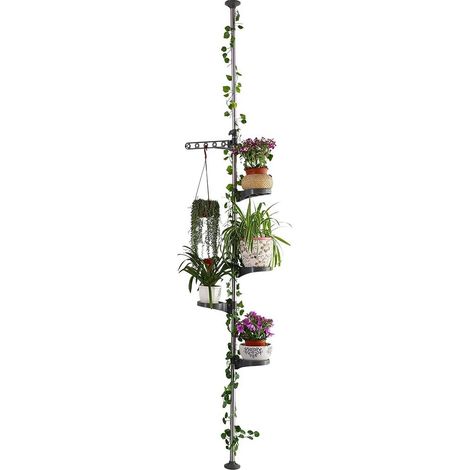 Support de Pot Fleur Interieur Téléscopique Porte Plante avec 4 Plateau et 1 Crochet de Suspension, Réglable en Hauteur 175-235 cm ou 230-290 cm, Deco pour Salon, Chambre, Bureau, Balcon (1/5)