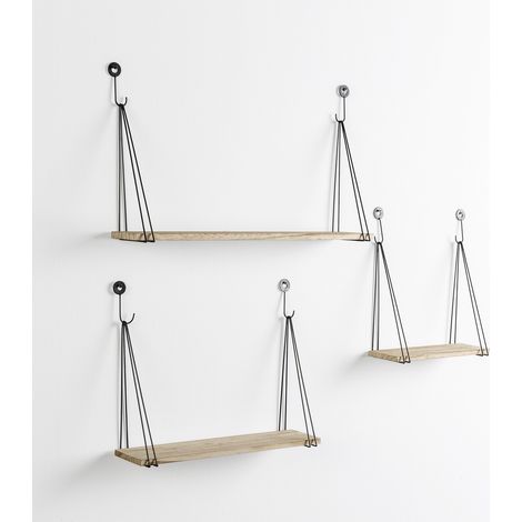 Set de 3 estantes de pared  Airas metal negro y madera de Paulownia