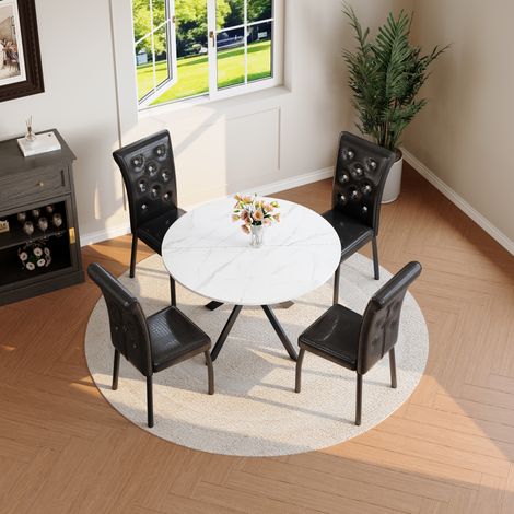 Conjunto de comedor, mesa redonda con efecto mármol blanco, 4 sillas negras, MDF y metal (1/5)