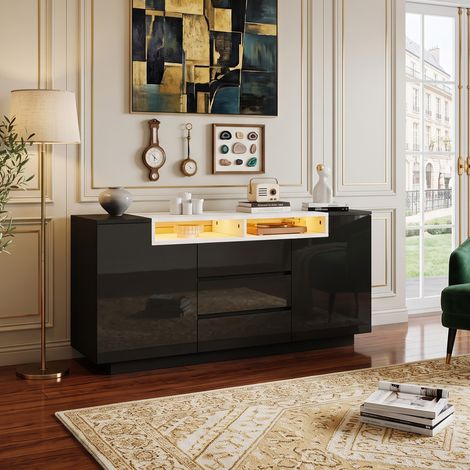 Creahappy Buffet Enfilade 140x40x68 cm - Optimisation Rangement Salon - 2 Portes L 3 Tiroirs LED Connectée - Noir Brillant (1/5)