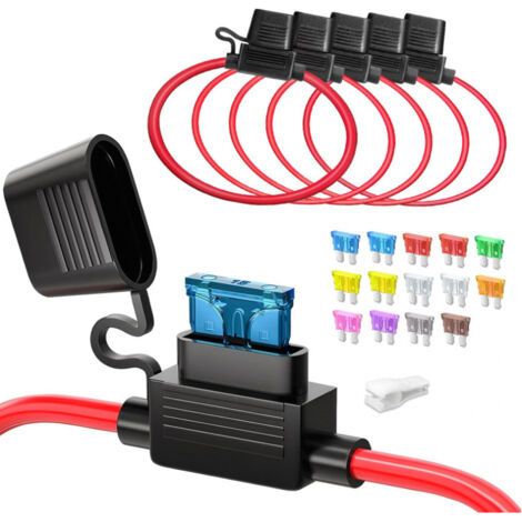 5pcs 12(1)+16AWG(4) Porte fusible Moyenne en ligne, ATC/ATO Automotive plat 12V Porte fusible étanche pour voiture/camion/motor + 14pcs Fusibles Standard(2A 3A 5A 7.5A 10A 15A 20A 25A 30A 35A) (1/5)